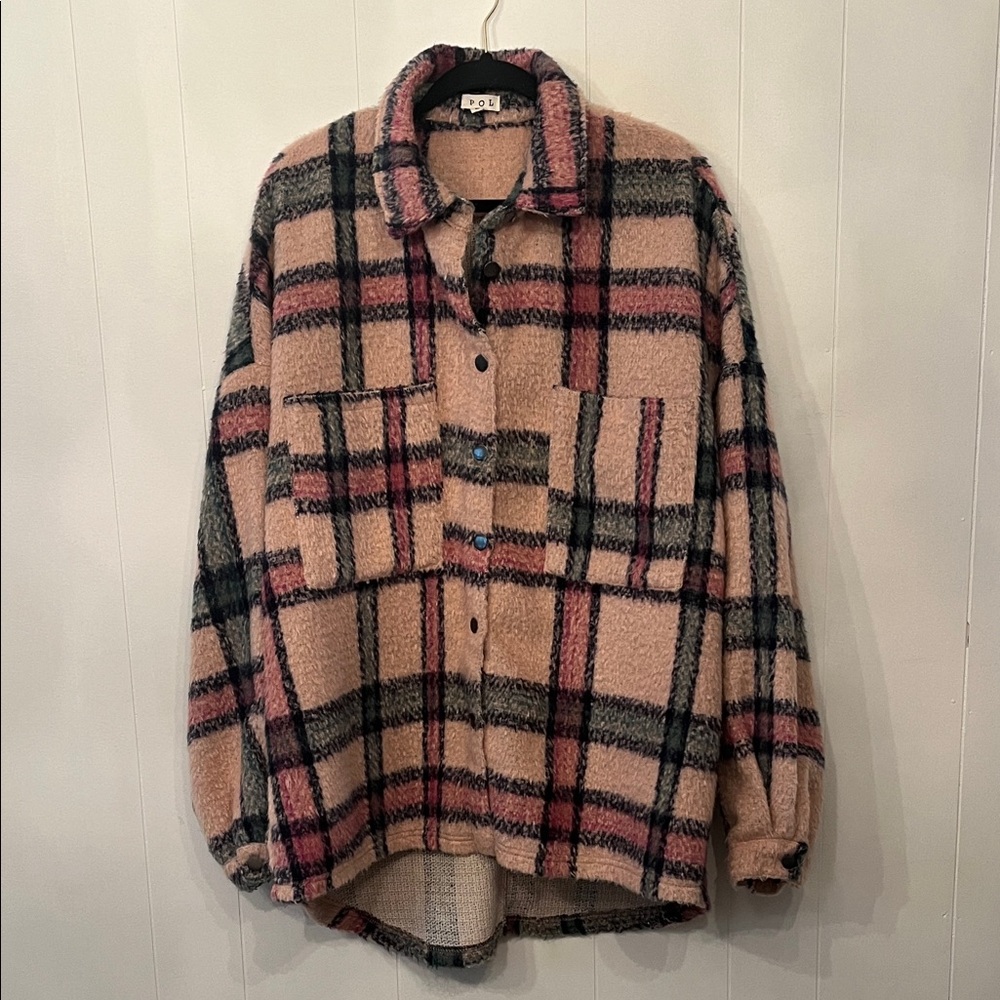 POL Plush Plaid Coat in Blush, Black & Burgundy
